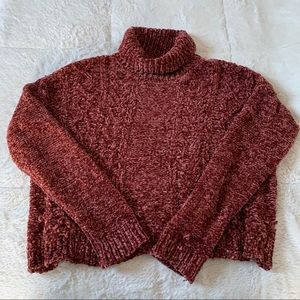Cowl neck chenille cable knit sweater